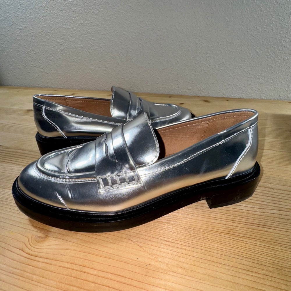 Madewell Vernon Loafers Metallic‎ Silver Leather Penny Slip-On Shoes Sz 6 Preppy